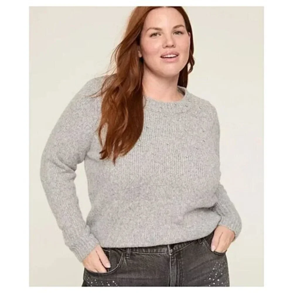 Lane Bryant Gray Rhinestone Embellished Crew Neck Sweater Women Size 18/20